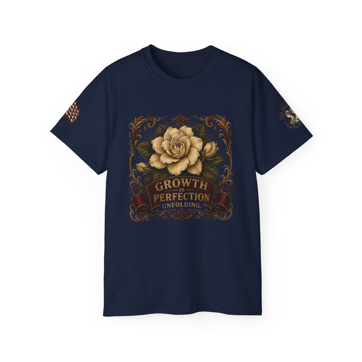 Growth & Perfection Gardenia T-Shirt — Vintage Floral Inspirational Tee
