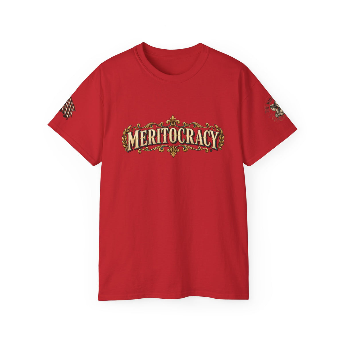 Meritocracy Graphic Tee — Vintage Ornate Lettering T-Shirt