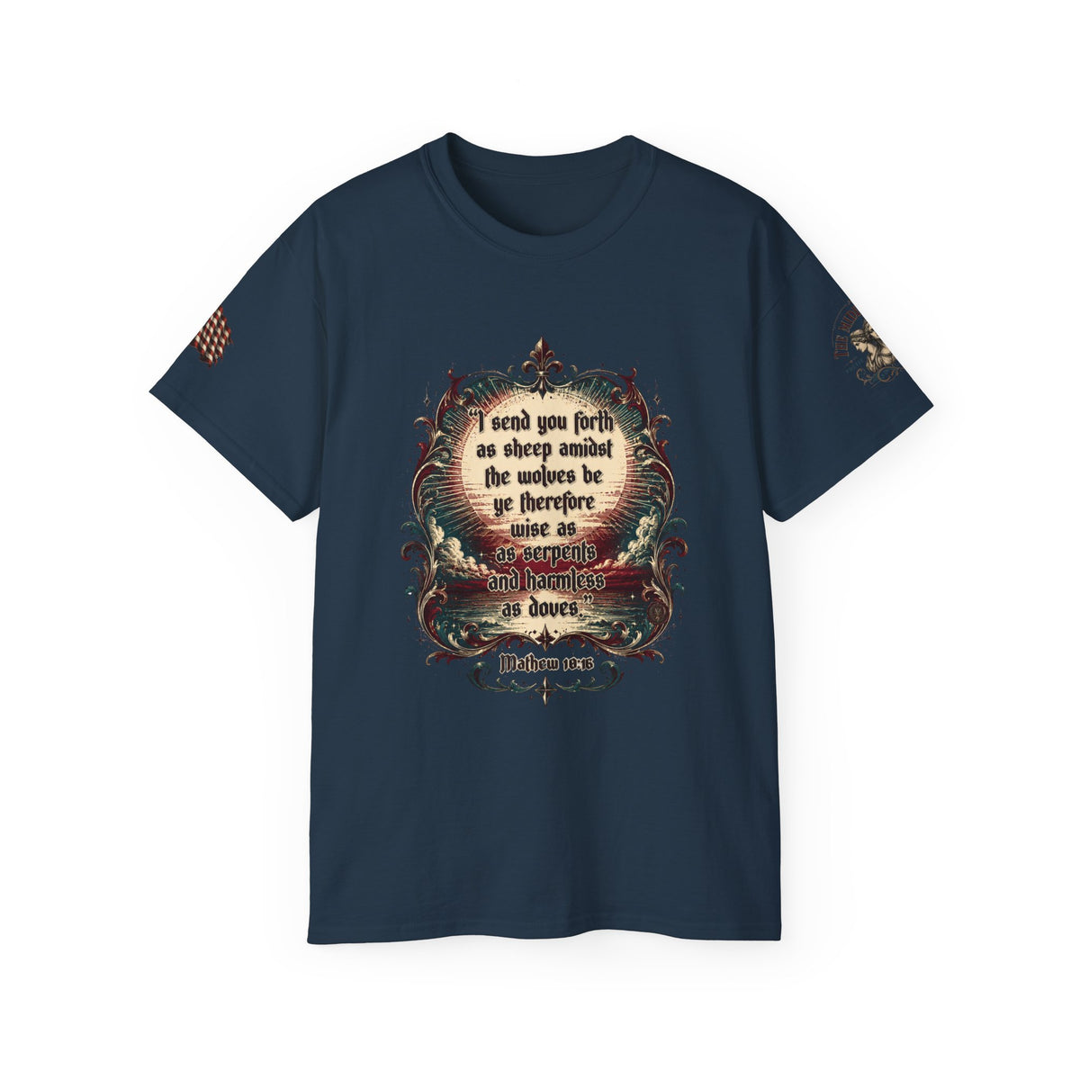 Mathew 10:16 Christian Scripture Quote T-Shirt — "I send you forth as sheep among the wolves..."