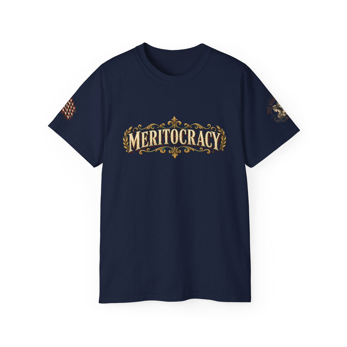 Meritocracy Graphic Tee — Vintage Ornate Lettering T-Shirt