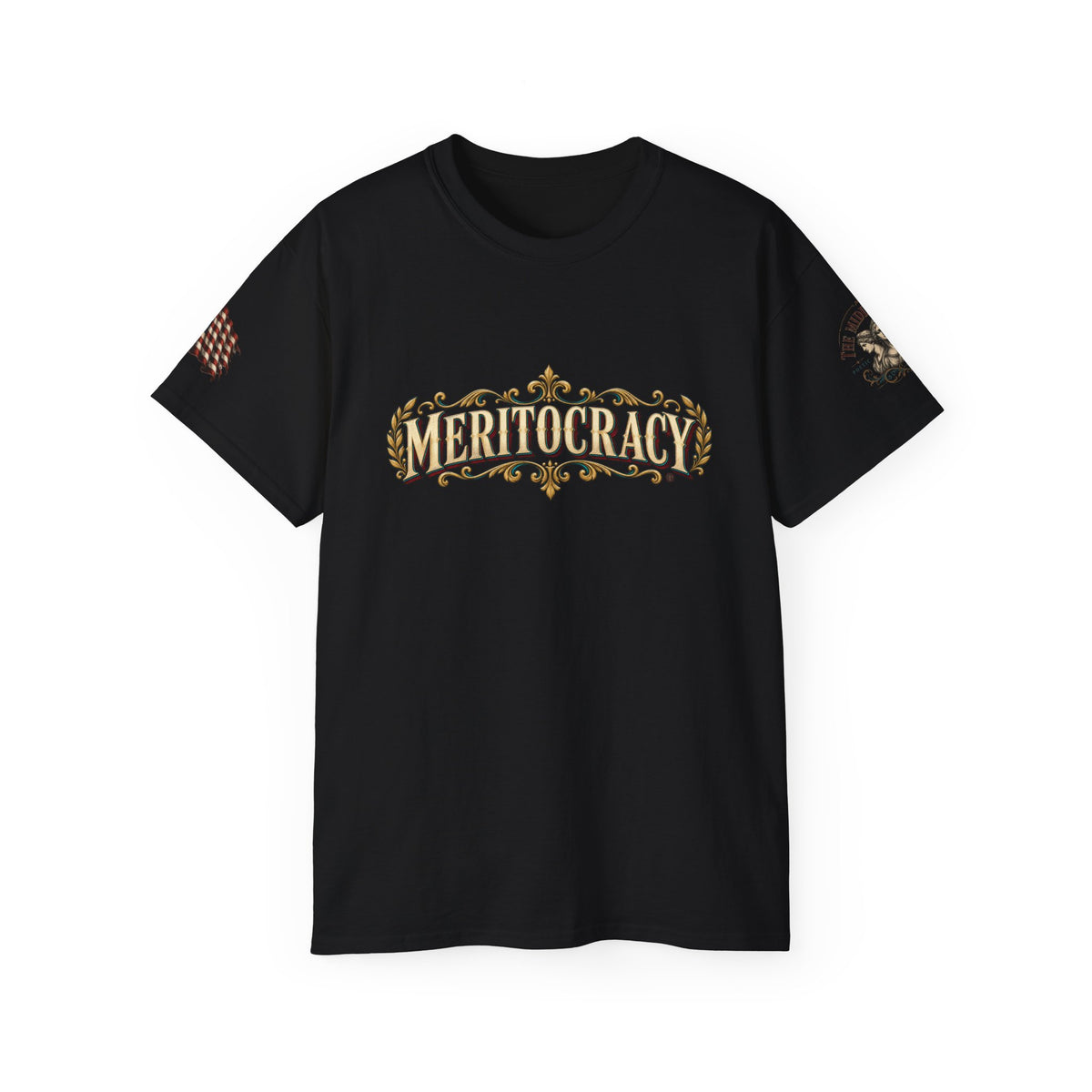 Meritocracy Graphic Tee — Vintage Ornate Lettering T-Shirt