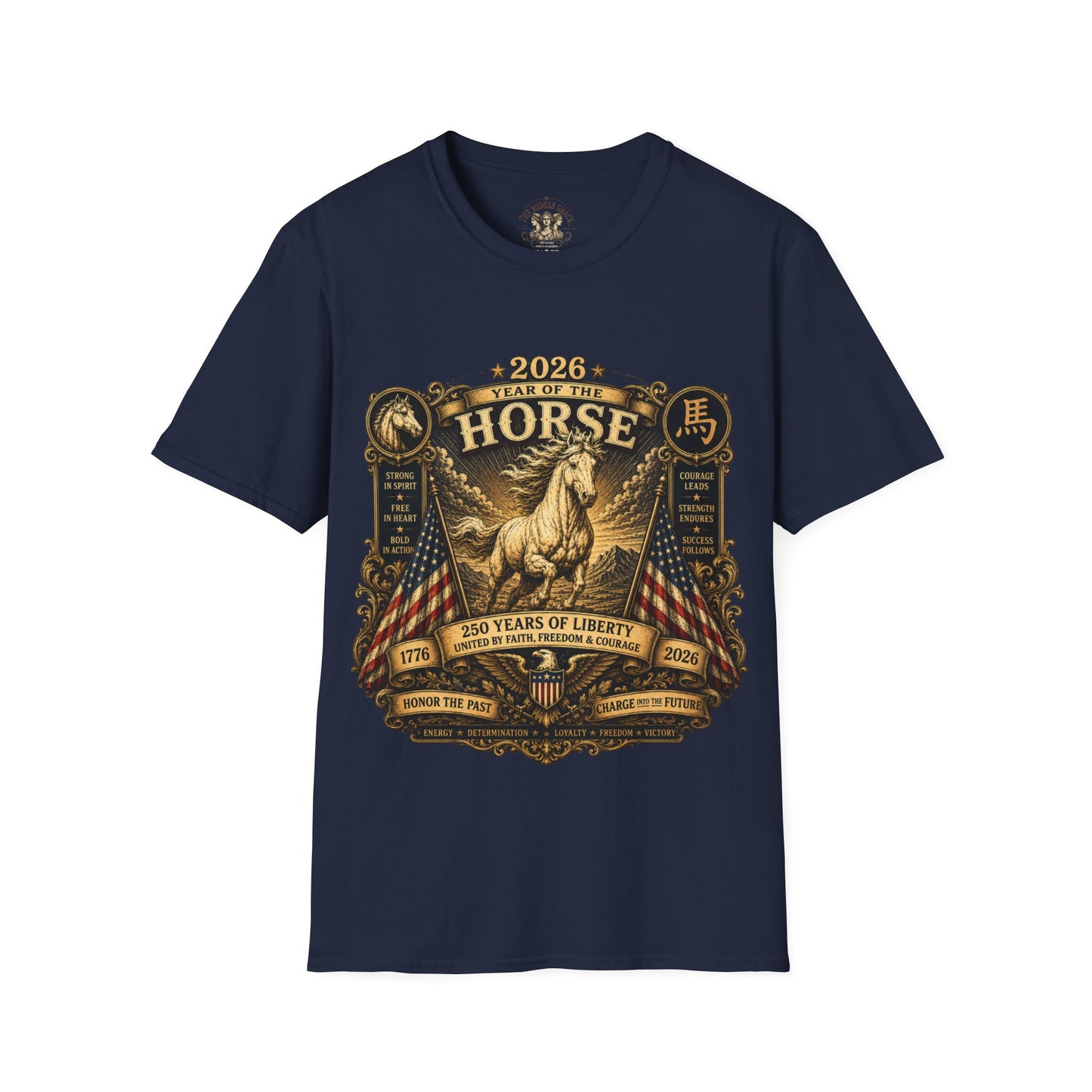 Graphic Tee – America 250 Year of the Horse | Vintage Gold Lunar New Year 100% Cotton T-Shirt