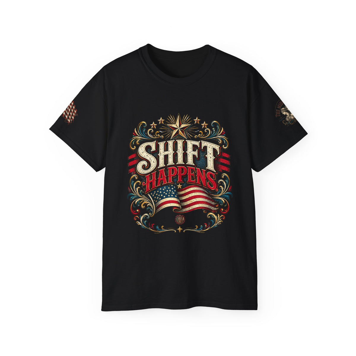 Shift Happens T-Shirt — Patriotic Vintage Flag Tee