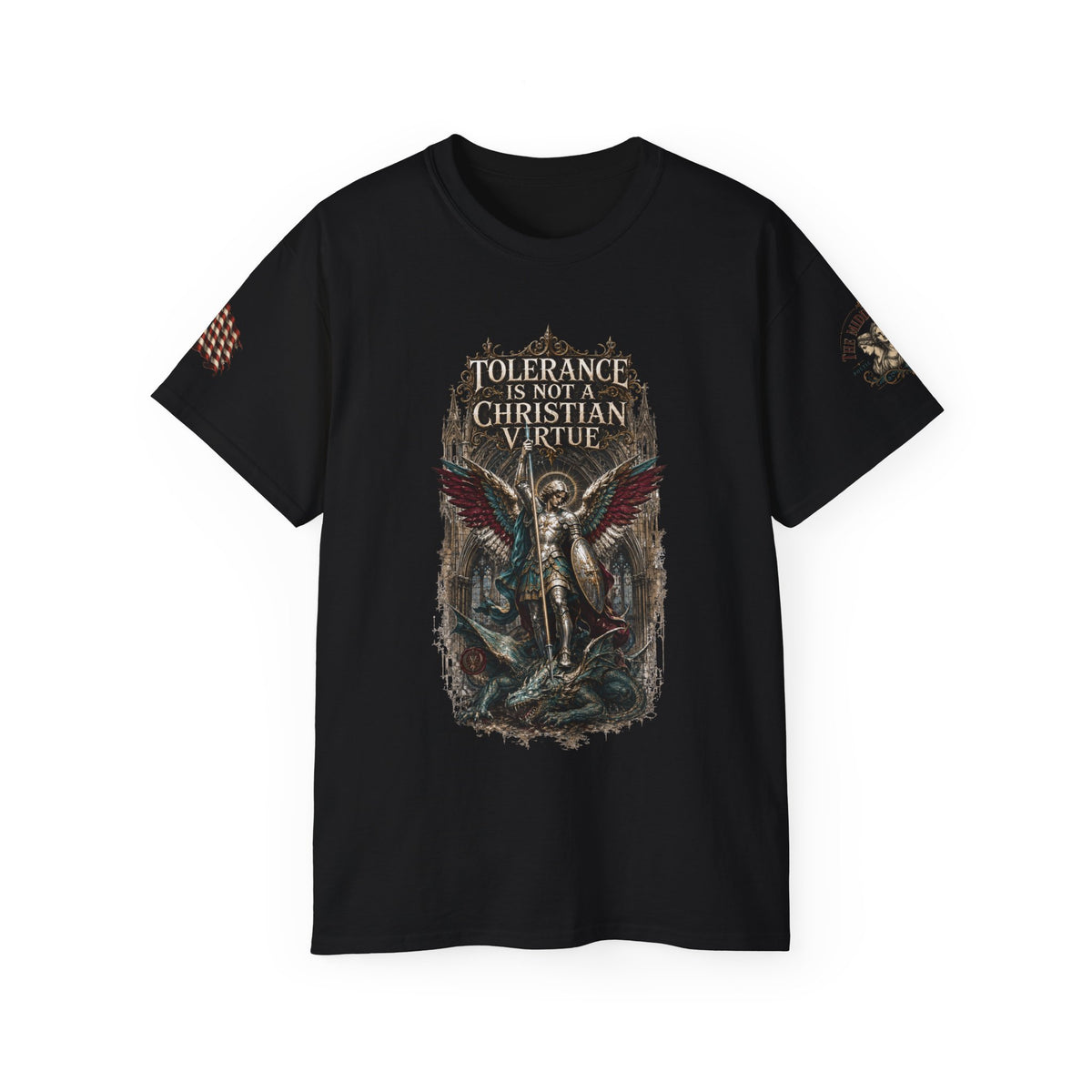 Christian Gothic Tee — "Tolerance Is Not A Christian Virtue" Angel Graphic