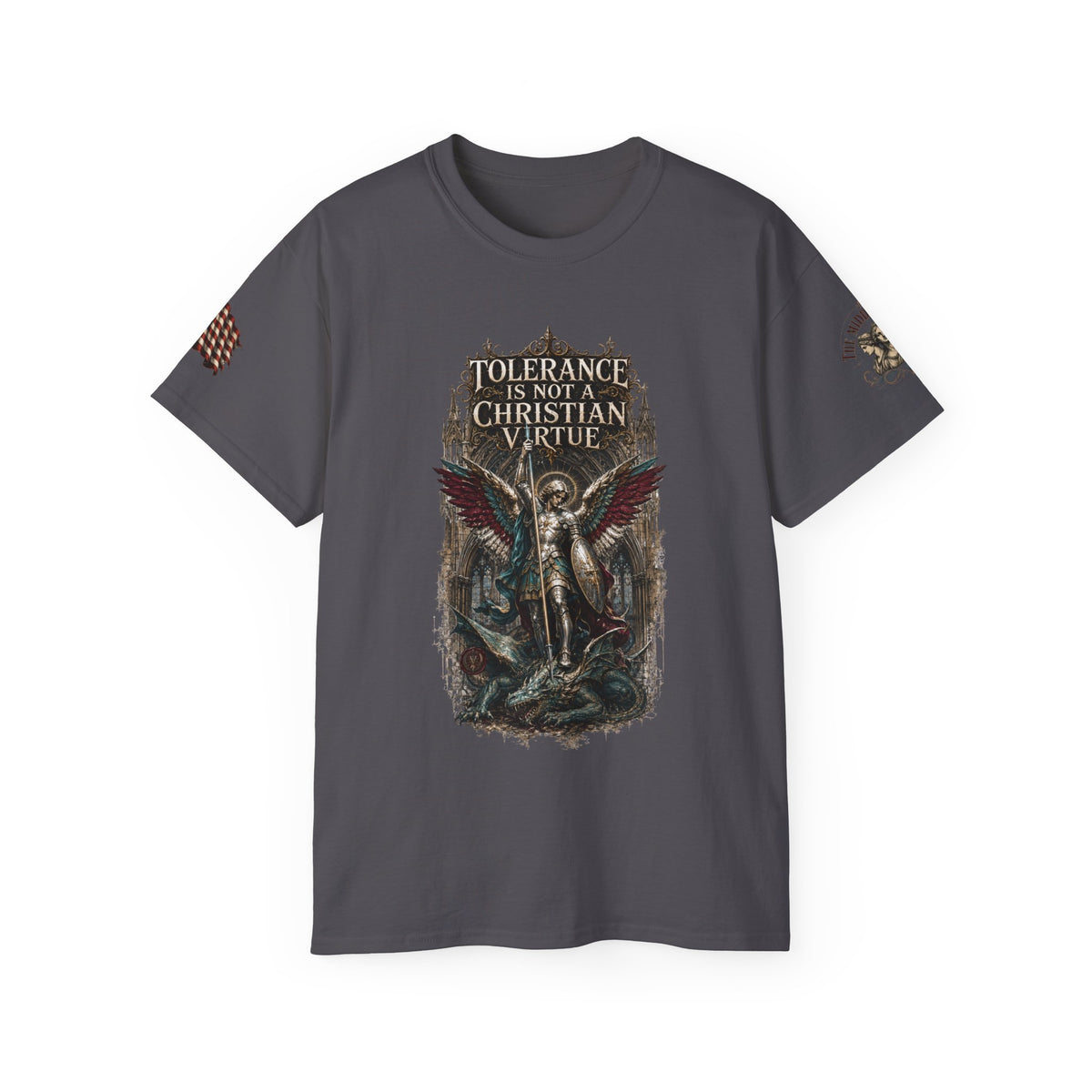 Christian Gothic Tee — "Tolerance Is Not A Christian Virtue" Angel Graphic