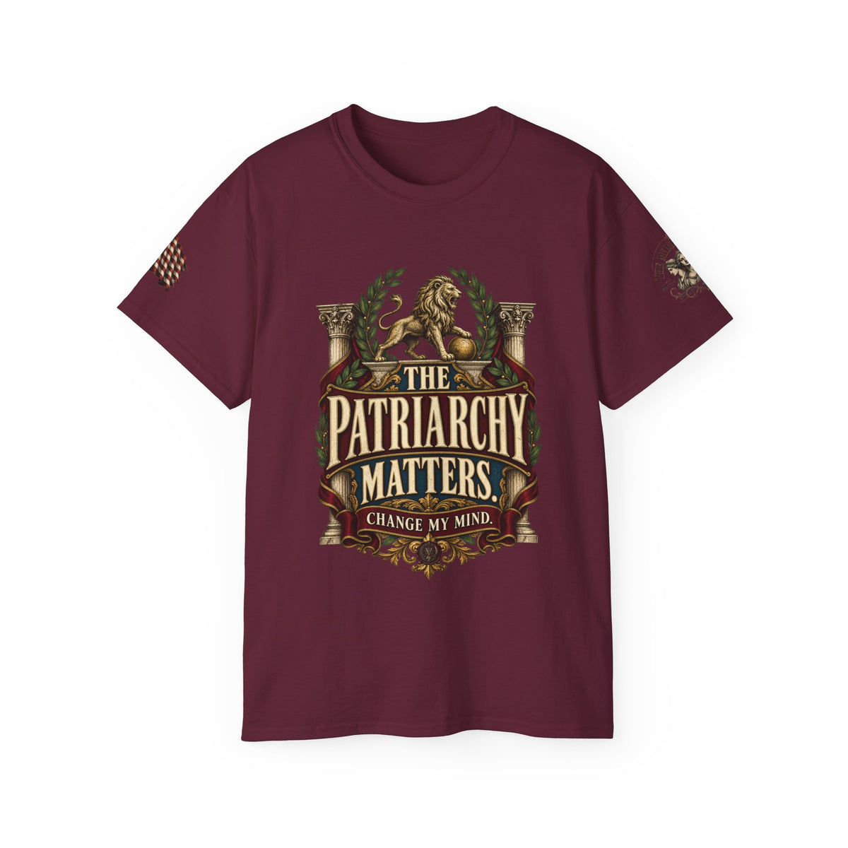 The Patriarchy Matters Tee – Vintage Crest Graphic T-Shirt ("Change My Mind")