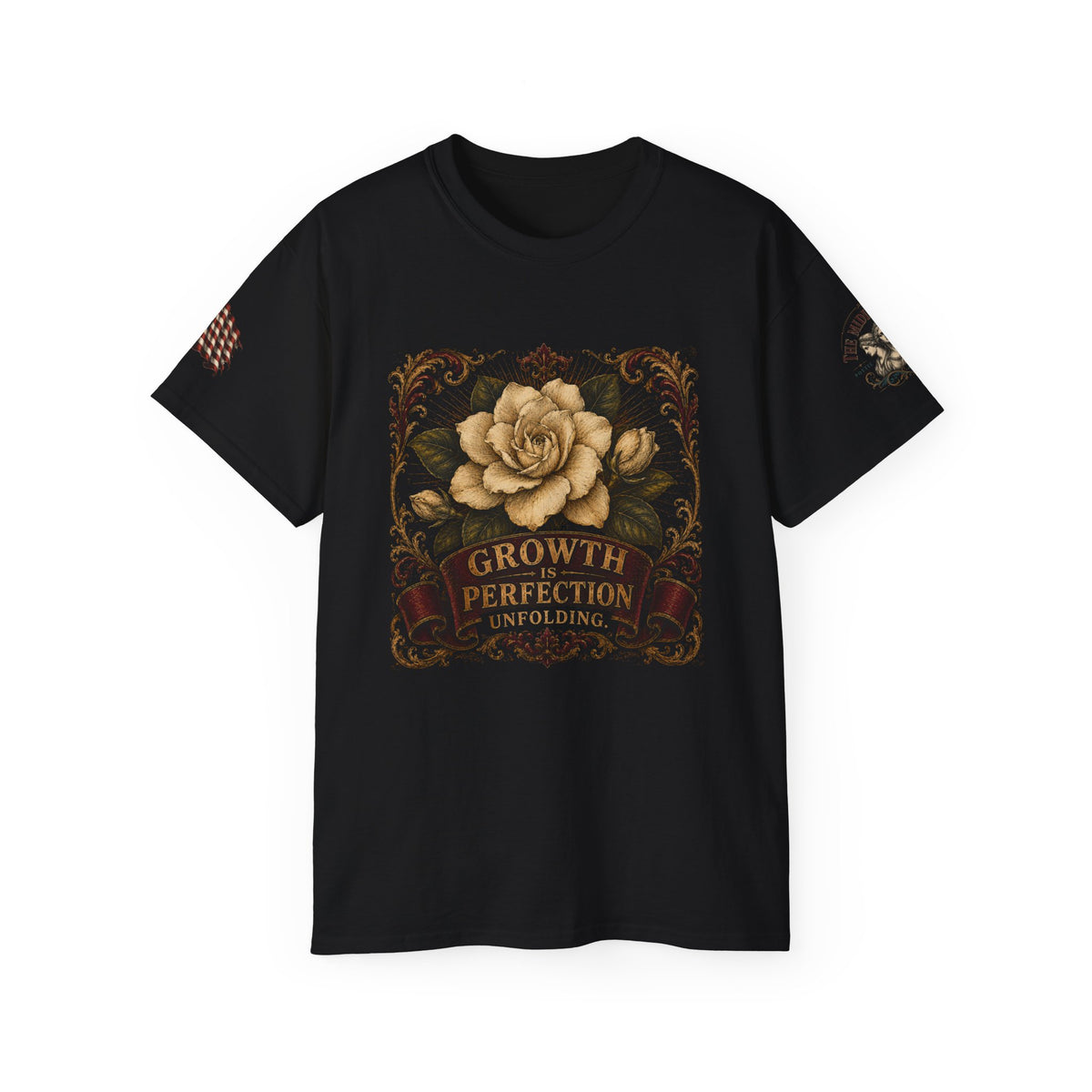 Growth & Perfection Gardenia T-Shirt — Vintage Floral Inspirational Tee