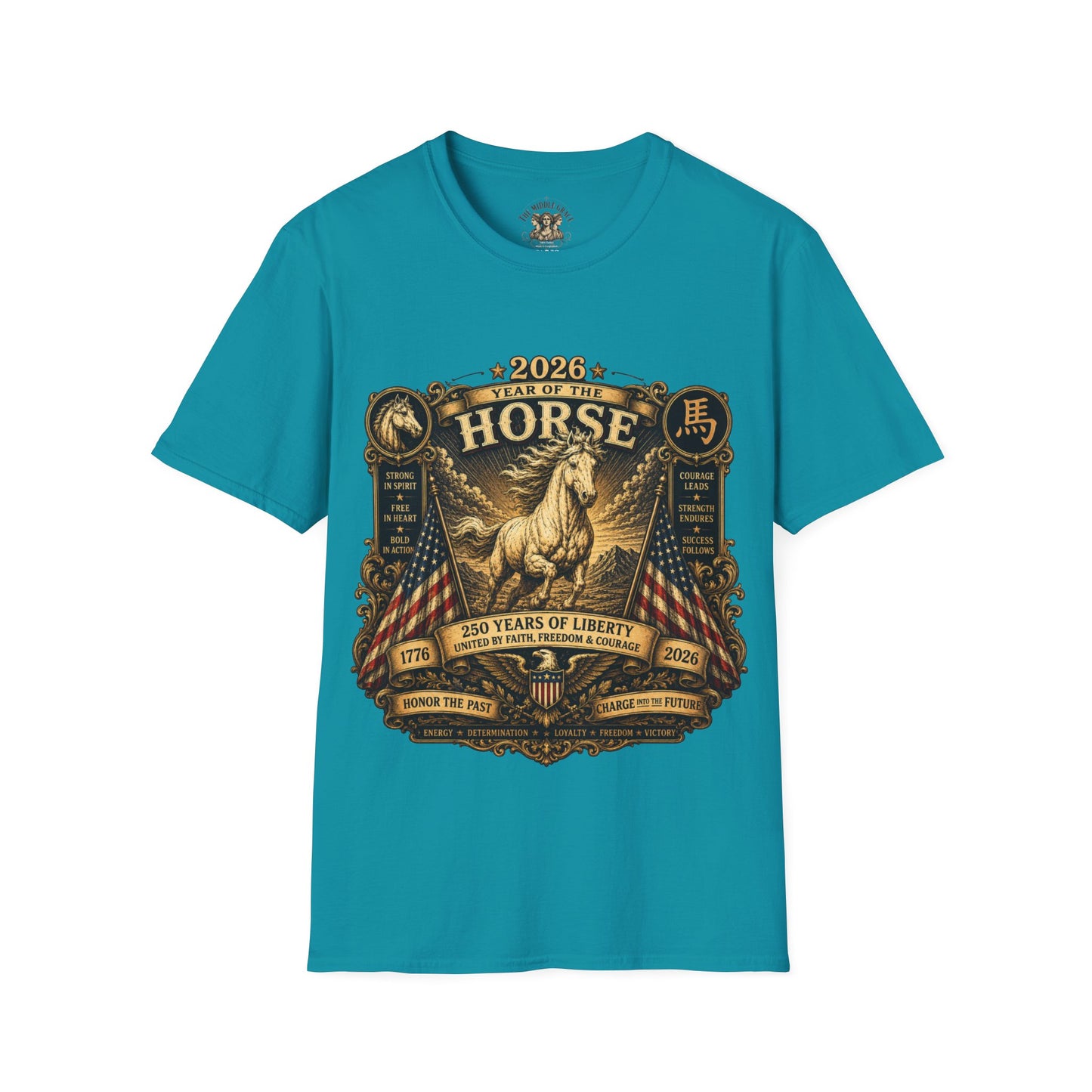 Graphic Tee – America 250 Year of the Horse | Vintage Gold Lunar New Year 100% Cotton T-Shirt