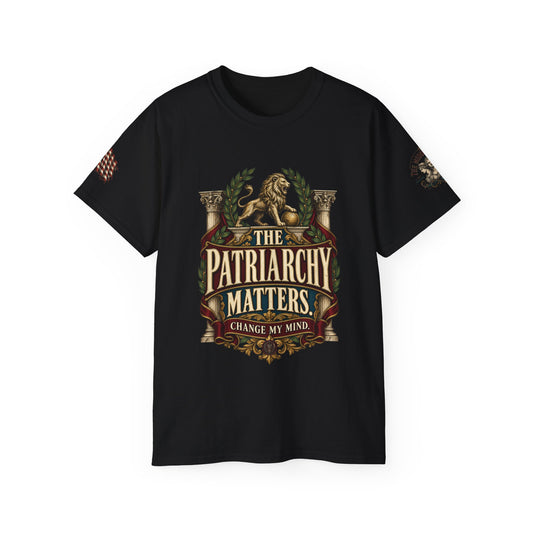 The Patriarchy Matters Tee – Vintage Crest Graphic T-Shirt ("Change My Mind")