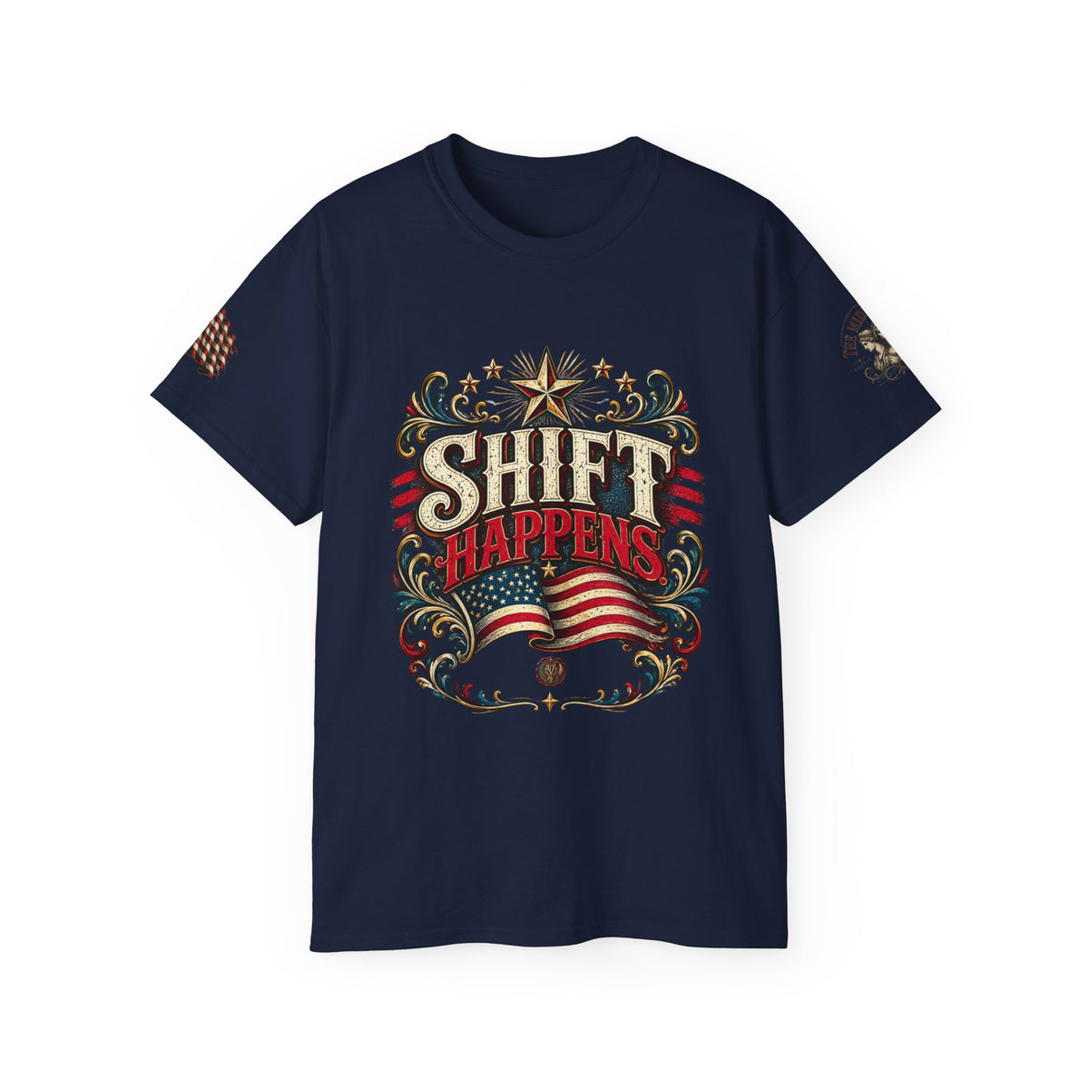 Shift Happens T-Shirt — Patriotic Vintage Flag Tee