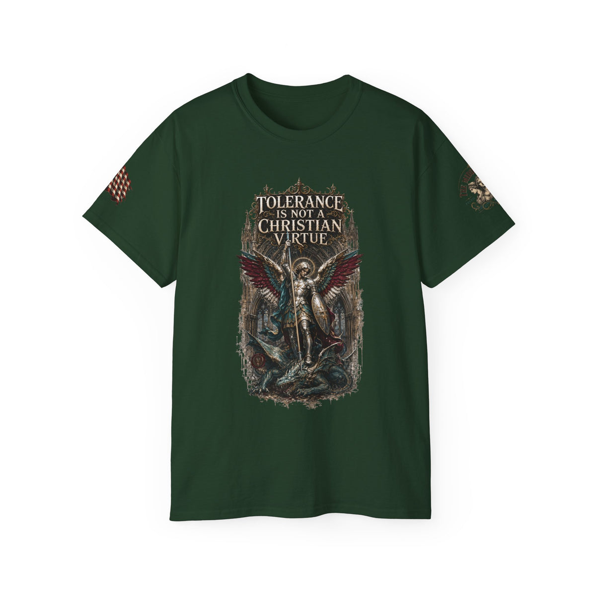 Christian Gothic Tee — "Tolerance Is Not A Christian Virtue" Angel Graphic