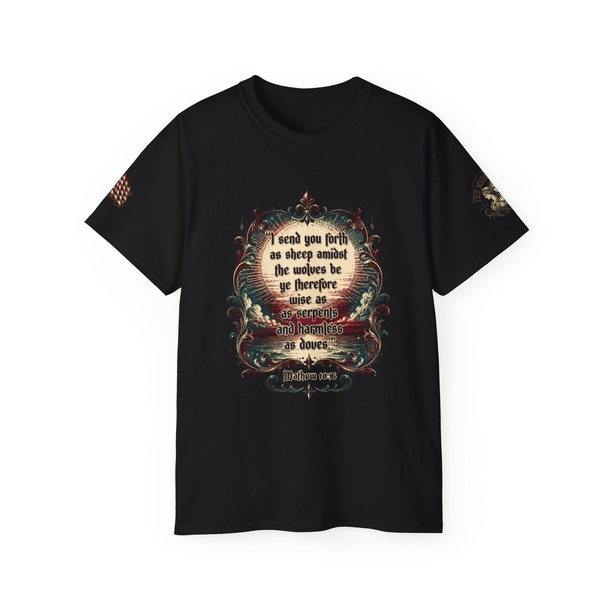Mathew 10:16 Christian Scripture Quote T-Shirt — "I send you forth as sheep among the wolves..."