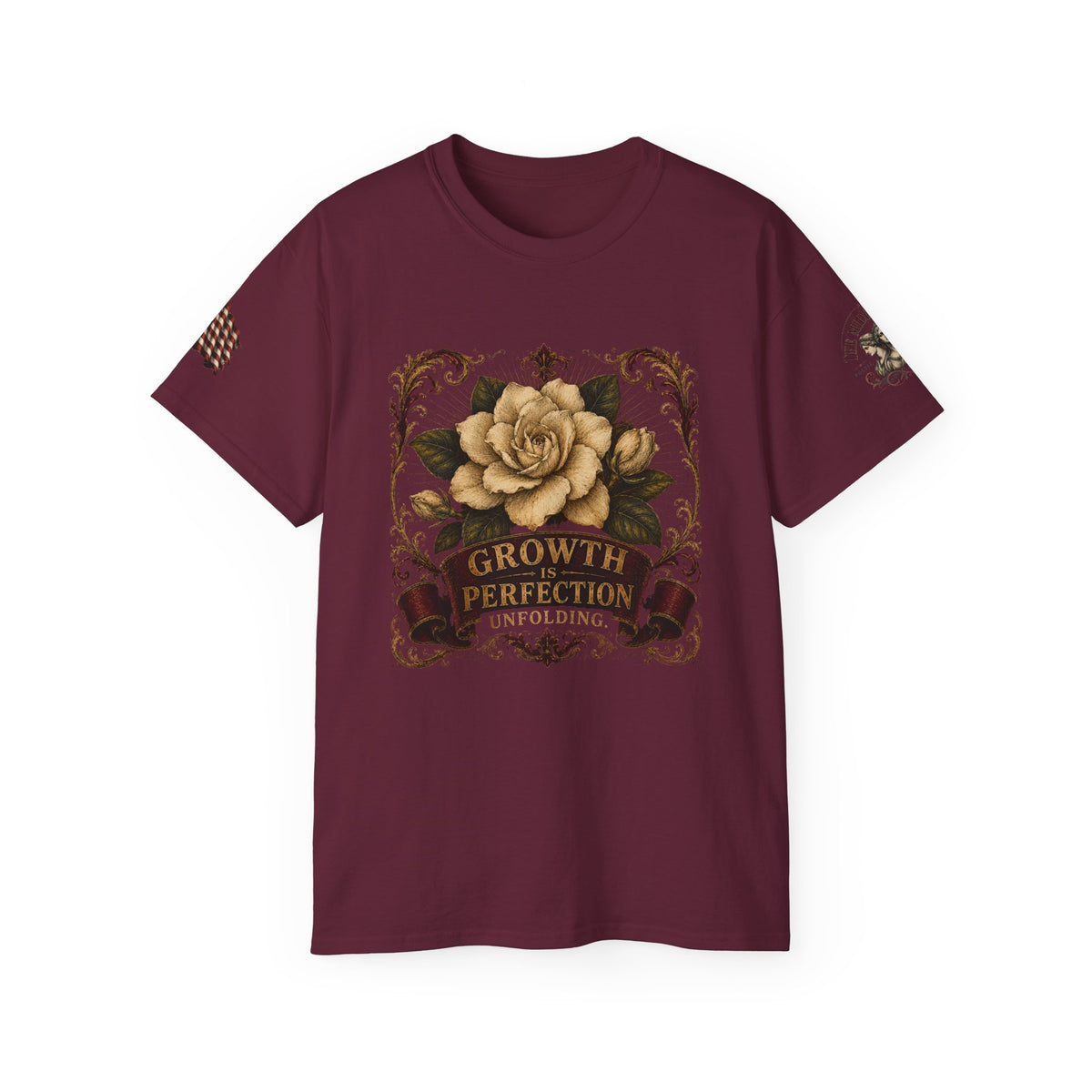 Growth & Perfection Gardenia T-Shirt — Vintage Floral Inspirational Tee