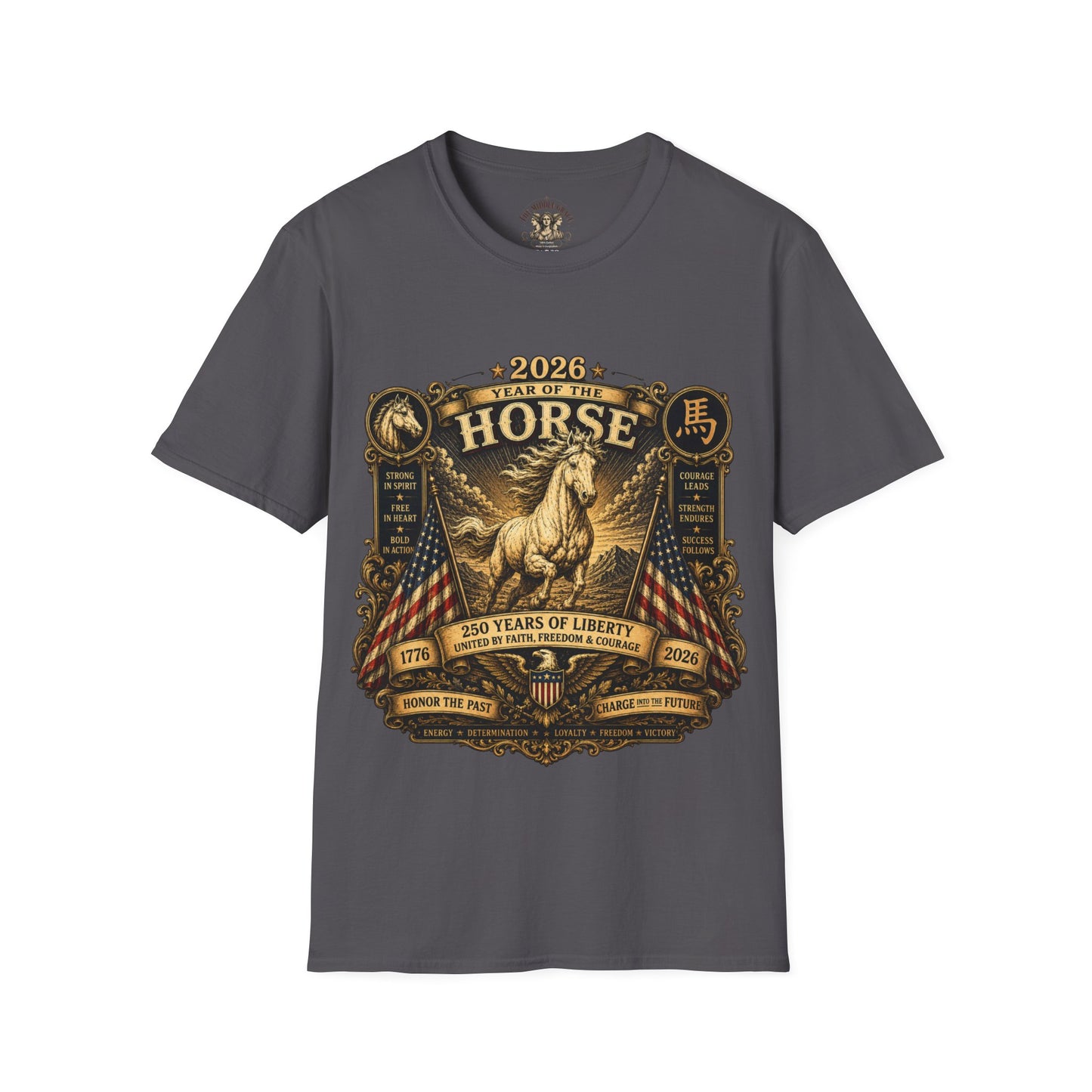 Graphic Tee – America 250 Year of the Horse | Vintage Gold Lunar New Year 100% Cotton T-Shirt
