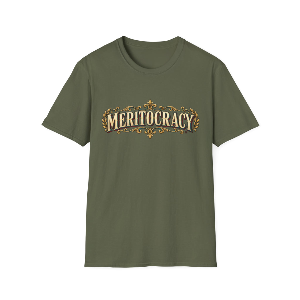 Meritocracy Vintage Ornamental T-Shirt — Retro Gold Lettering Tee