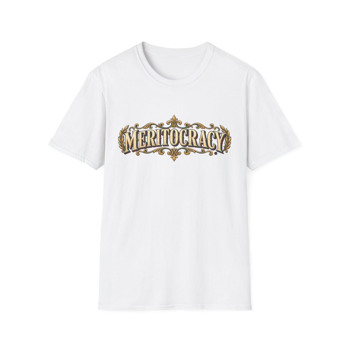 Meritocracy Vintage Ornamental T-Shirt — Retro Gold Lettering Tee