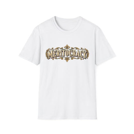 Meritocracy Vintage Ornamental T-Shirt — Retro Gold Lettering Tee