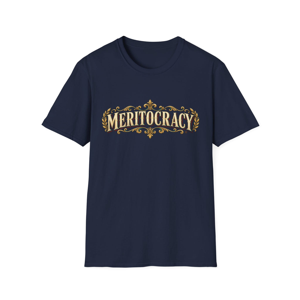 Meritocracy Vintage Ornamental T-Shirt — Retro Gold Lettering Tee