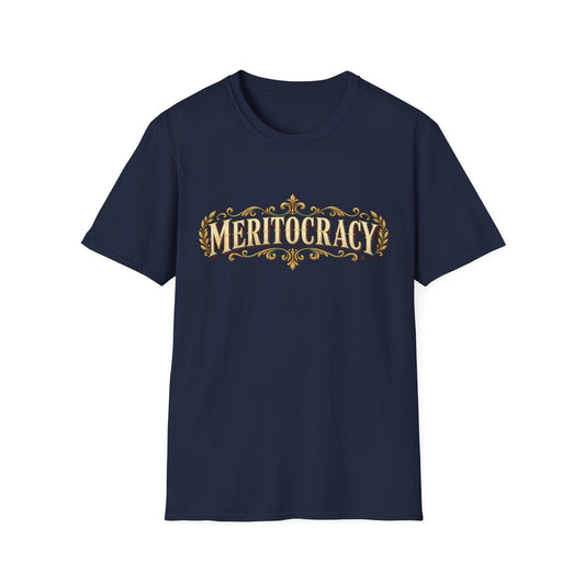 Meritocracy Vintage Ornamental T-Shirt — Retro Gold Lettering Tee
