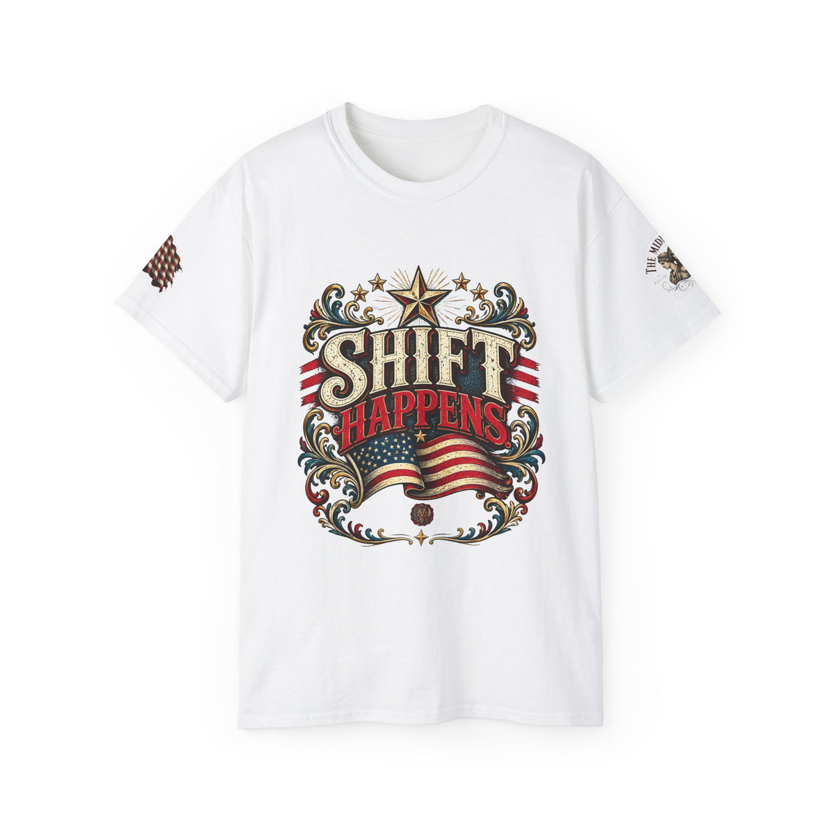 Shift Happens T-Shirt — Patriotic Vintage Flag Tee