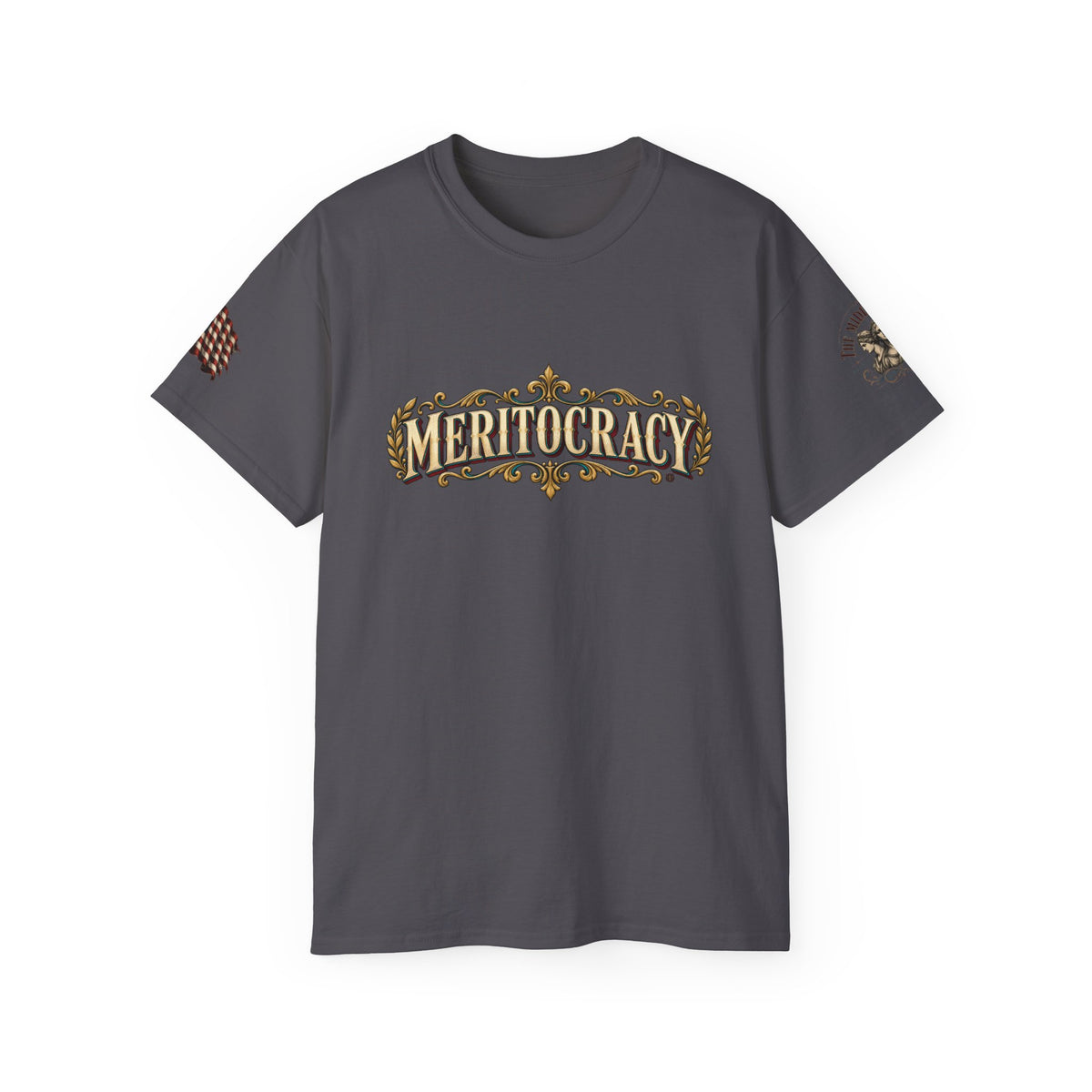 Meritocracy Graphic Tee — Vintage Ornate Lettering T-Shirt