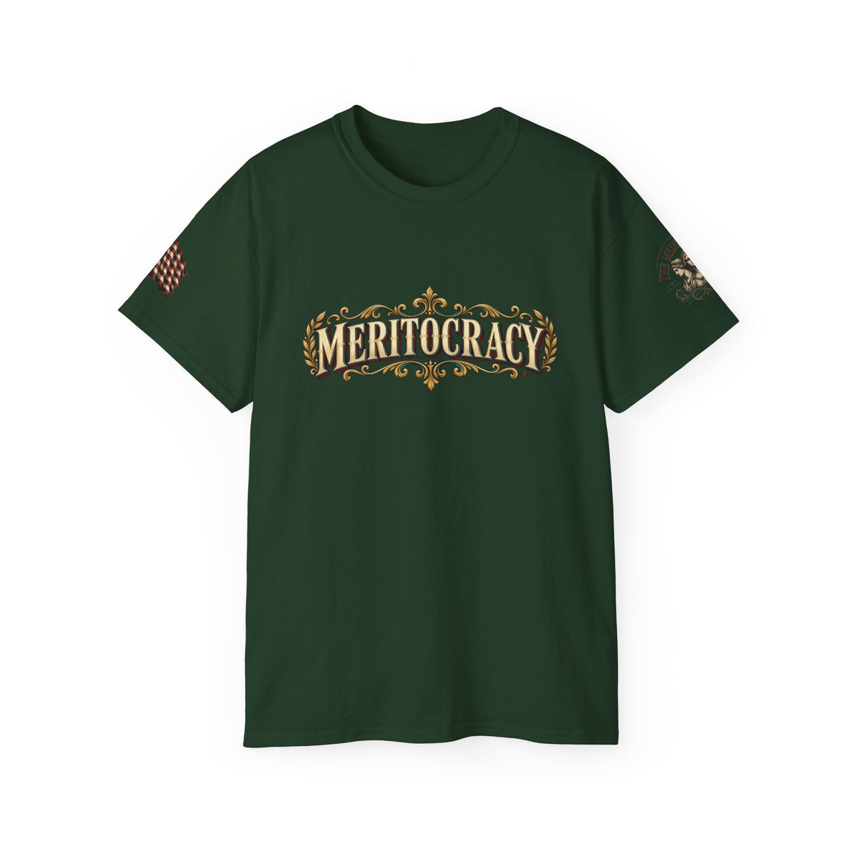 Meritocracy Graphic Tee — Vintage Ornate Lettering T-Shirt