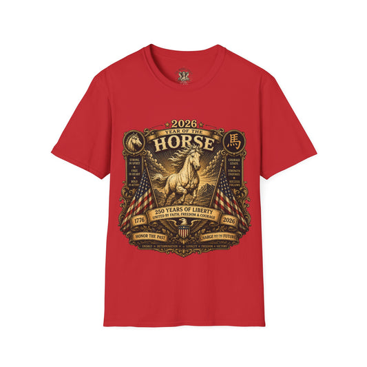 America 250/2026 Year of the Horse T‑Shirt — Vintage Gold Lunar New Year Tee