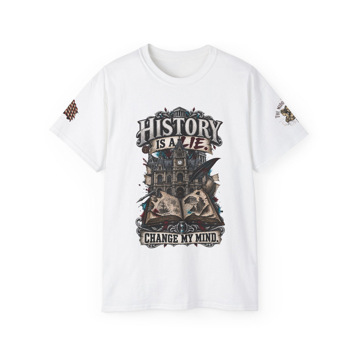 History Is A Lie Graphic Tee — Change My Mind Vintage Gothic Design