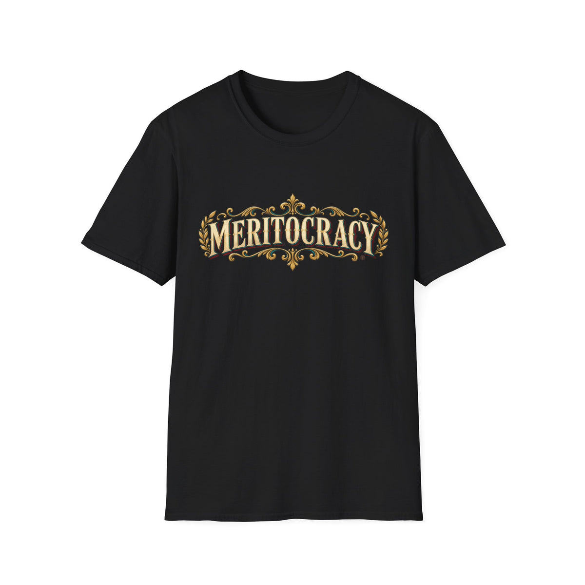 Meritocracy Vintage Ornamental T-Shirt — Retro Gold Lettering Tee