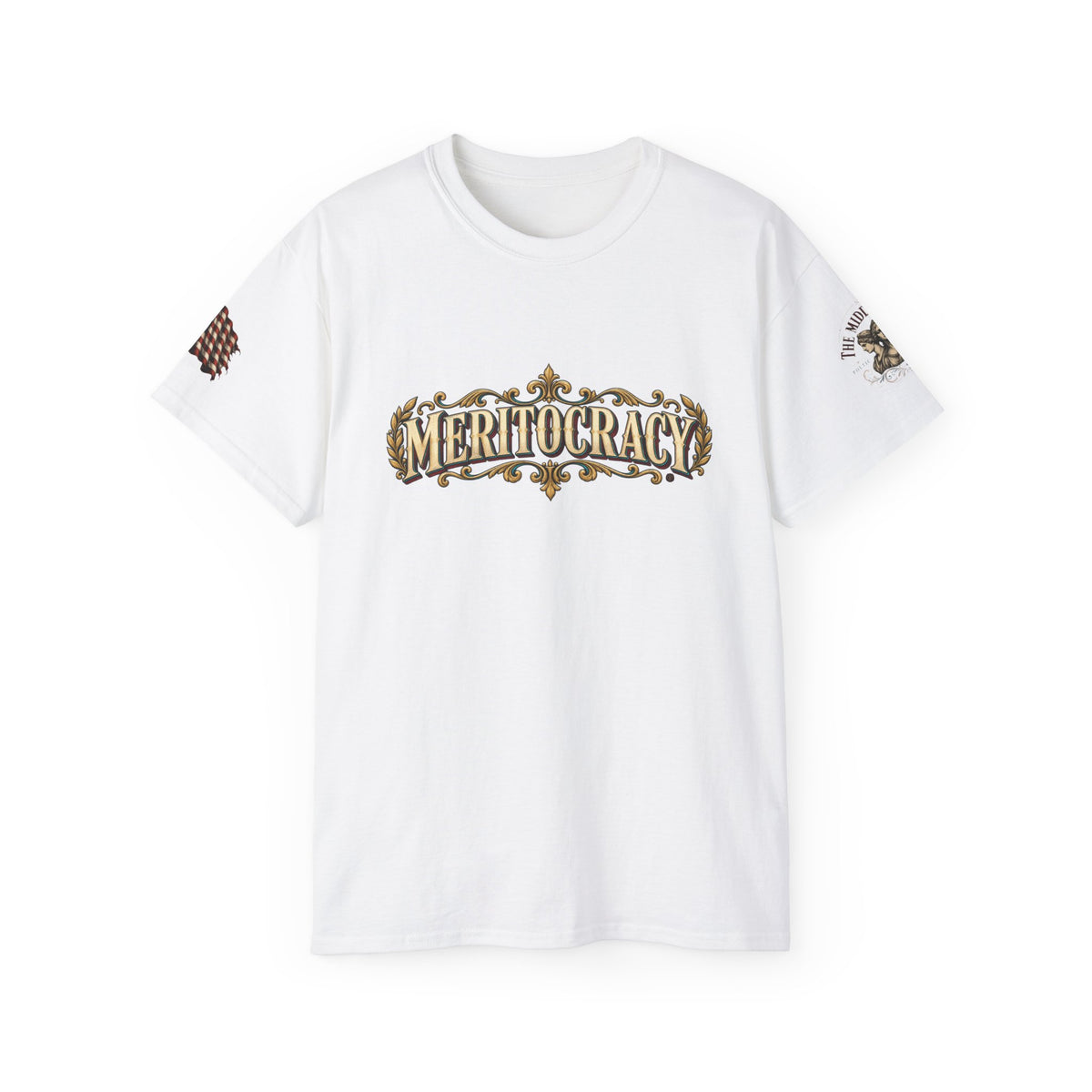 Meritocracy Graphic Tee — Vintage Ornate Lettering T-Shirt