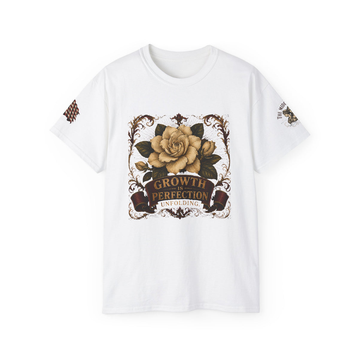 Growth & Perfection Gardenia T-Shirt — Vintage Floral Inspirational Tee