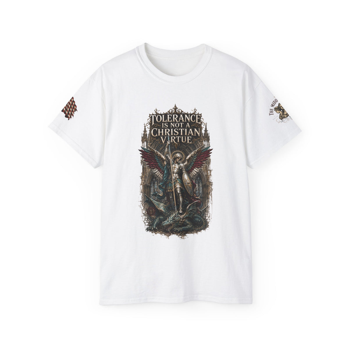Christian Gothic Tee — "Tolerance Is Not A Christian Virtue" Angel Graphic