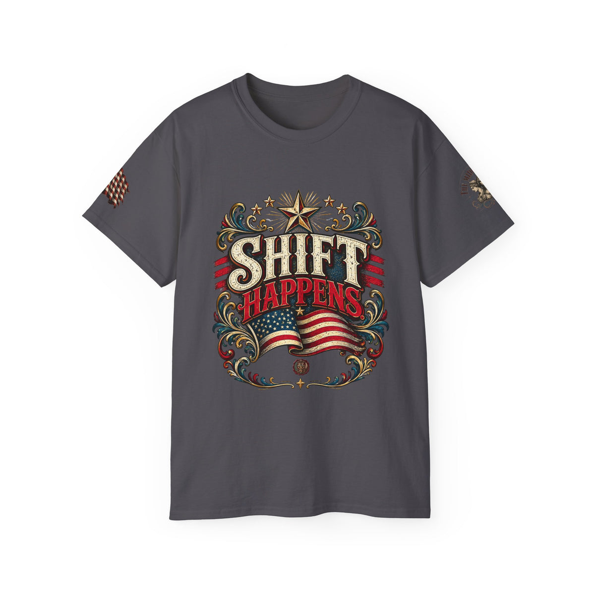 Shift Happens T-Shirt — Patriotic Vintage Flag Tee