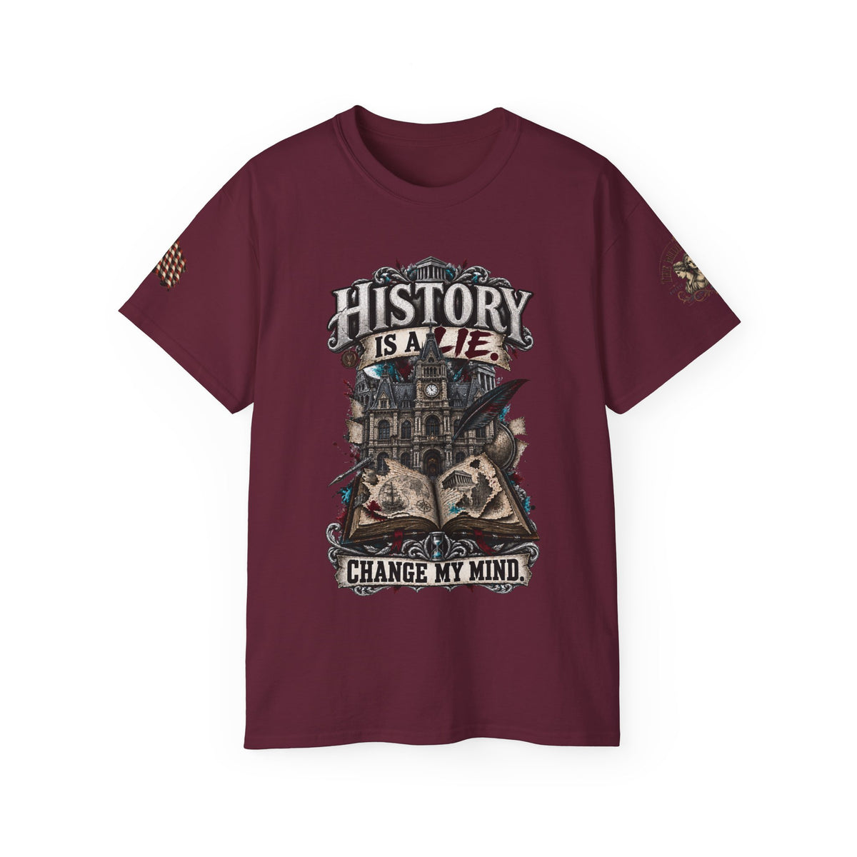 History Is A Lie Graphic Tee — Change My Mind Vintage Gothic Design