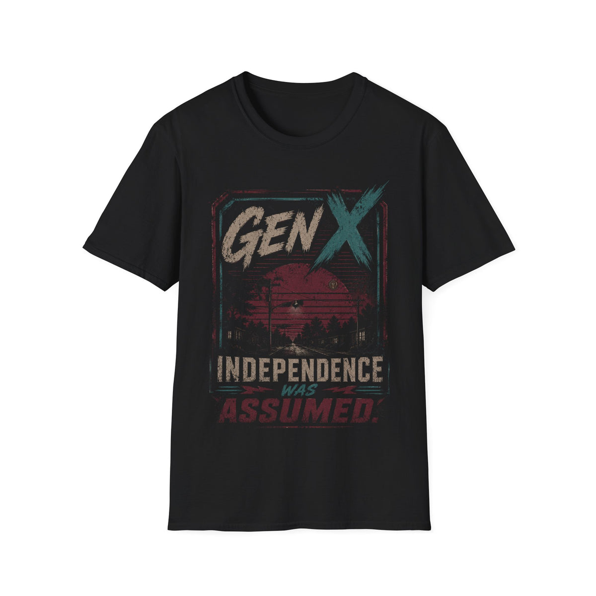 Gen X Retro Distressed Tee — 'Independence Was Assumed' Vintage GraphicBlack T-Shirt