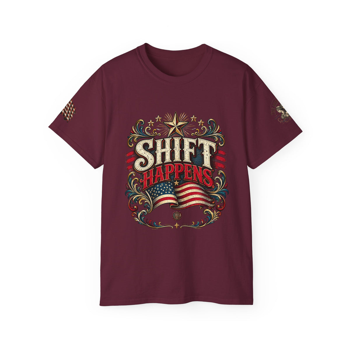 Shift Happens T-Shirt — Patriotic Vintage Flag Tee