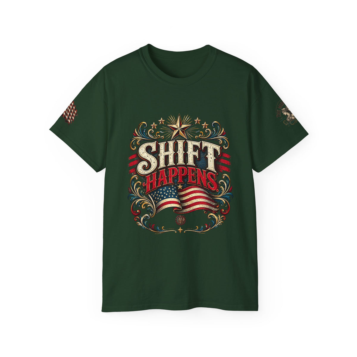 Shift Happens T-Shirt — Patriotic Vintage Flag Tee