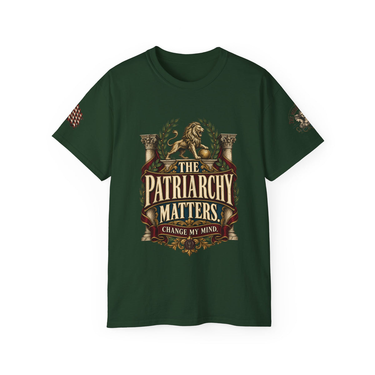 The Patriarchy Matters Tee – Vintage Crest Graphic T-Shirt ("Change My Mind")