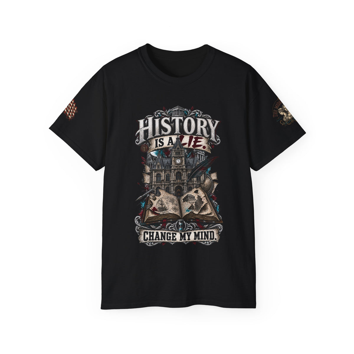 History Is A Lie Graphic Tee — Change My Mind Vintage Gothic Design