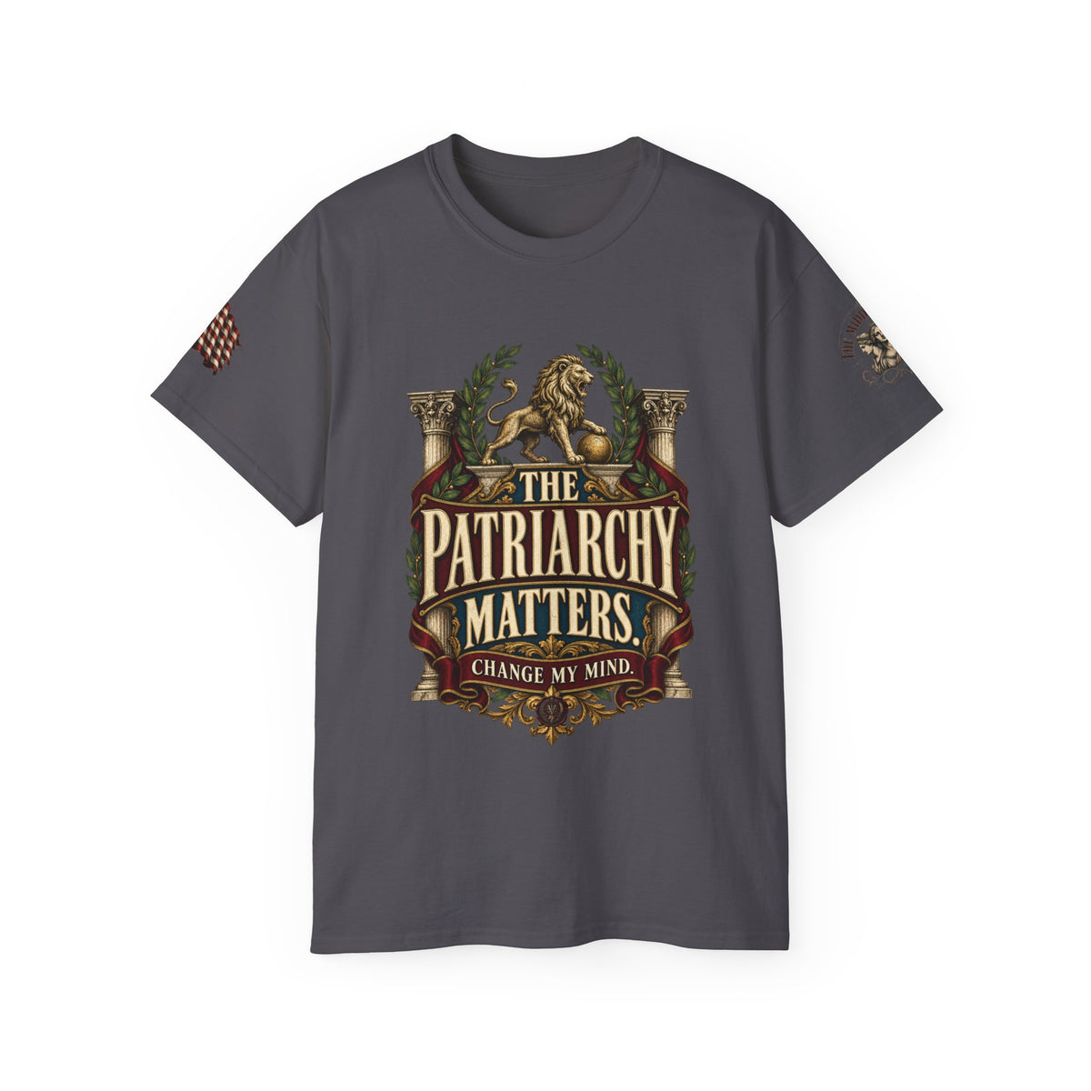 The Patriarchy Matters Tee – Vintage Crest Graphic T-Shirt ("Change My Mind")
