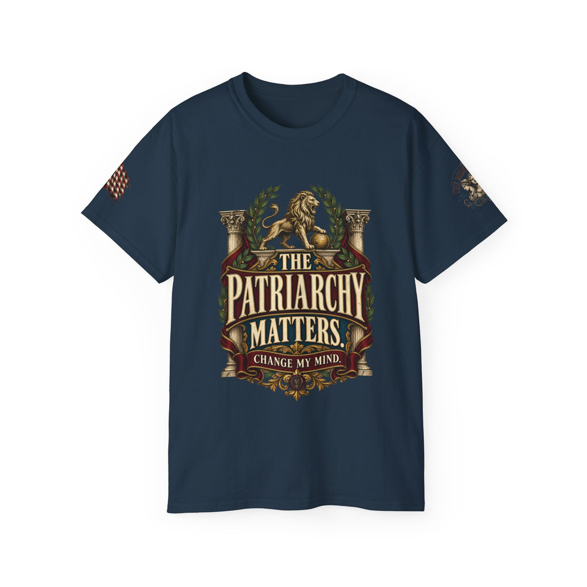 The Patriarchy Matters Tee – Vintage Crest Graphic T-Shirt ("Change My Mind")