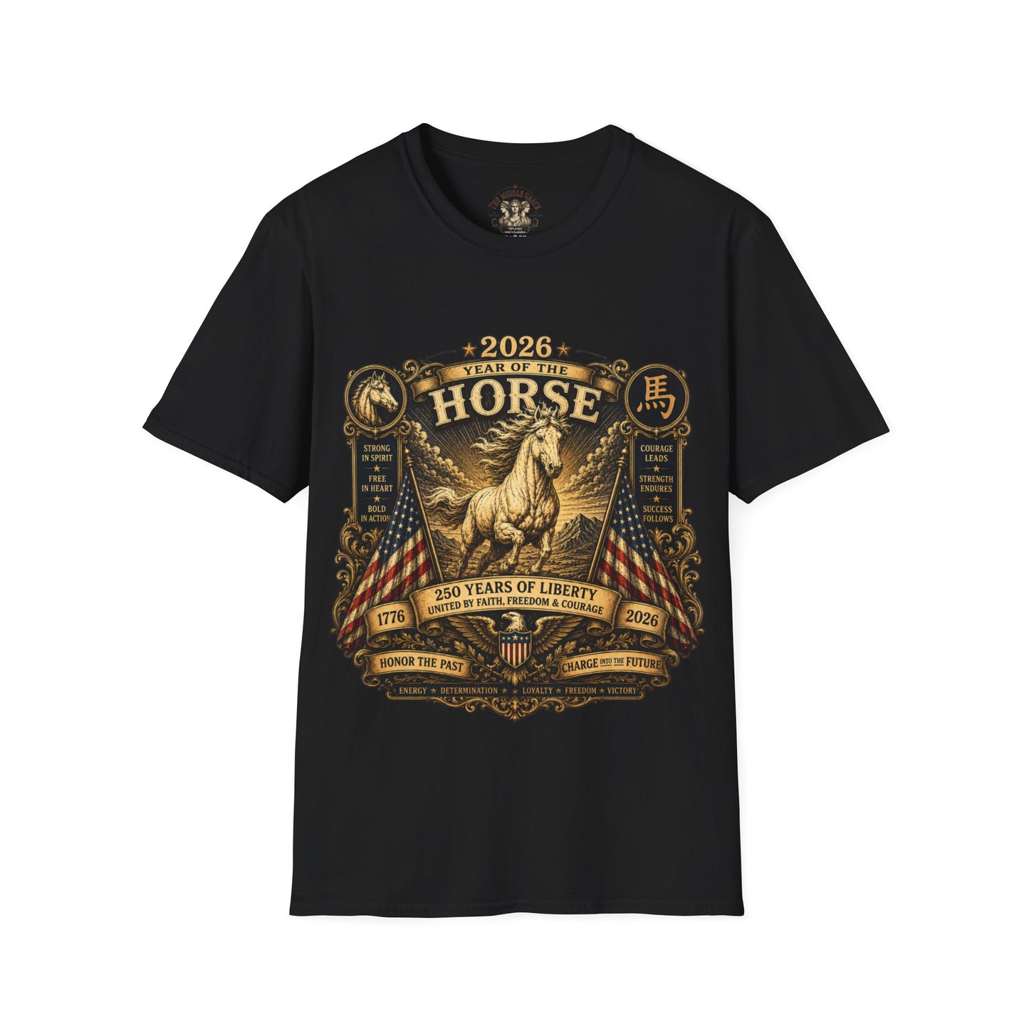 Graphic Tee – America 250 Year of the Horse | Vintage Gold Lunar New Year 100% Cotton T-Shirt