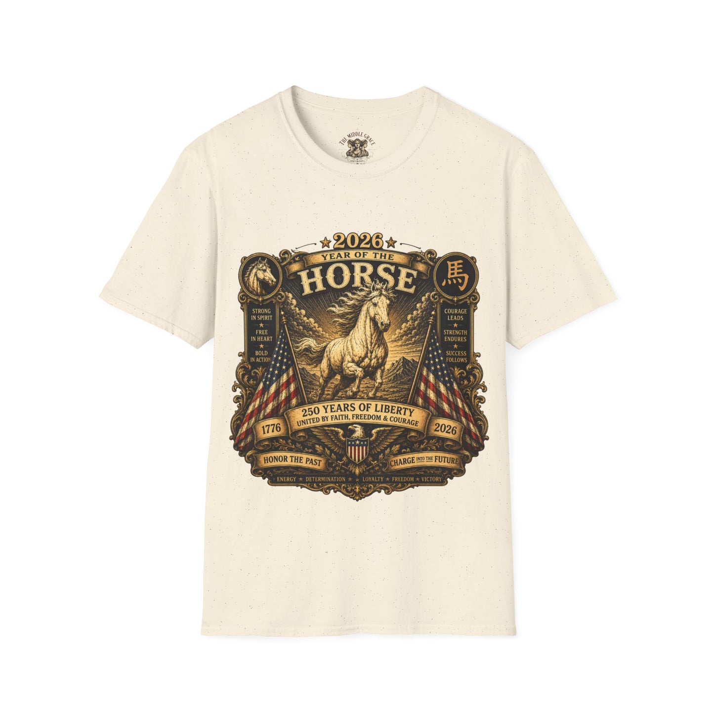 Graphic Tee – America 250 Year of the Horse | Vintage Gold Lunar New Year 100% Cotton T-Shirt