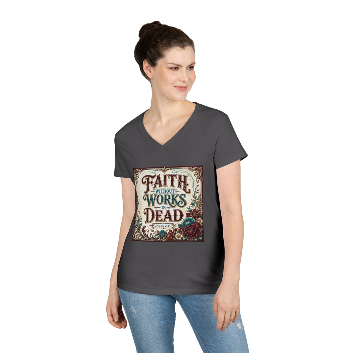 Faith Without Works Is Dead Women's V-Neck T-Shirt — Vintage Floral Inspirational Christian Tee