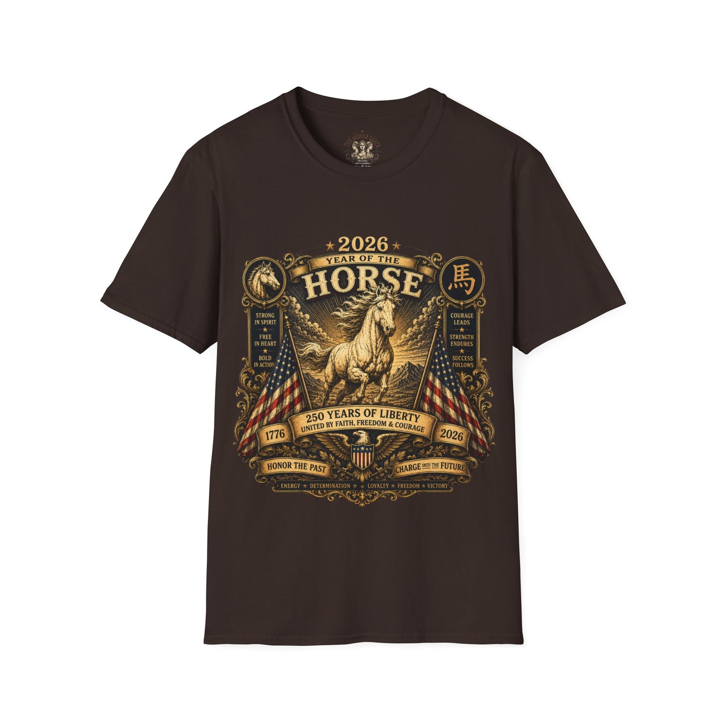 Graphic Tee – America 250 Year of the Horse | Vintage Gold Lunar New Year 100% Cotton T-Shirt