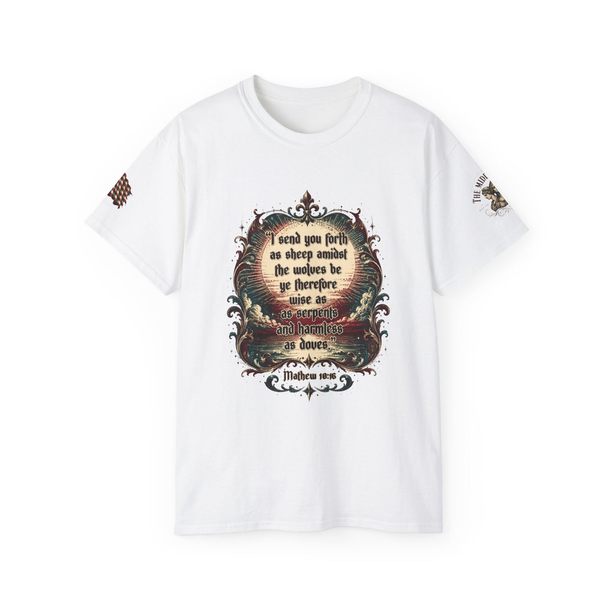 Mathew 10:16 Christian Scripture Quote T-Shirt — "I send you forth as sheep among the wolves..."