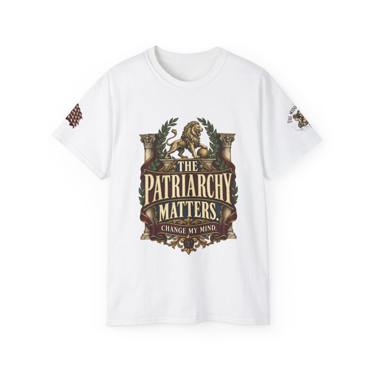 The Patriarchy Matters Tee – Vintage Crest Graphic T-Shirt ("Change My Mind")