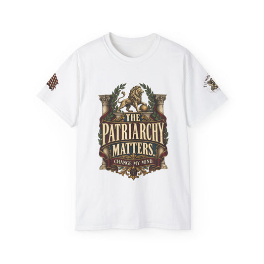 The Patriarchy Matters Tee – Vintage Crest Graphic T-Shirt ("Change My Mind")
